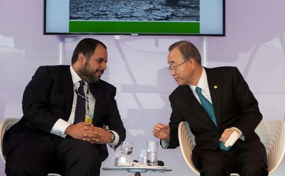 Executive Chairman of the Qatar National Food Security Programme H.E. Fahad bin Mohammed Al-Attiya discusses the Global Dry Land Alliance with UN Secretary General Ban Ki-Moon.