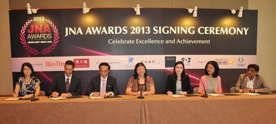 All six sponsor partners continue their support for the JNA Awards in 2013. (Pictured) Kent Wong, Managing Director of Chow Tai Fook Jewellery Group Ltd (third from left); Rita Maltez, Manager of Rio Tinto Diamonds, Greater China Representative Office (third from right); Nissim Palomo, Chief Marketing Officer of the Israel Diamond Institute (second from left); Caroline Yuan, Vice President of the Shanghai Diamond Exchange (second from right); Emily Yau of Robert Wan Tahiti (first from left); Ramesh Virani, Director of the KARP Group (first from right) and Letitia Chow, founder of JNA and Director of Business Development - Jewellery Group at UBM Asia Ltd (centre) 