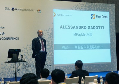 MPayMe Group CEO Alessandro Gadotti demonstrates the benefits of ZNAP(TM) at First Data Payment Forum in Shanghai